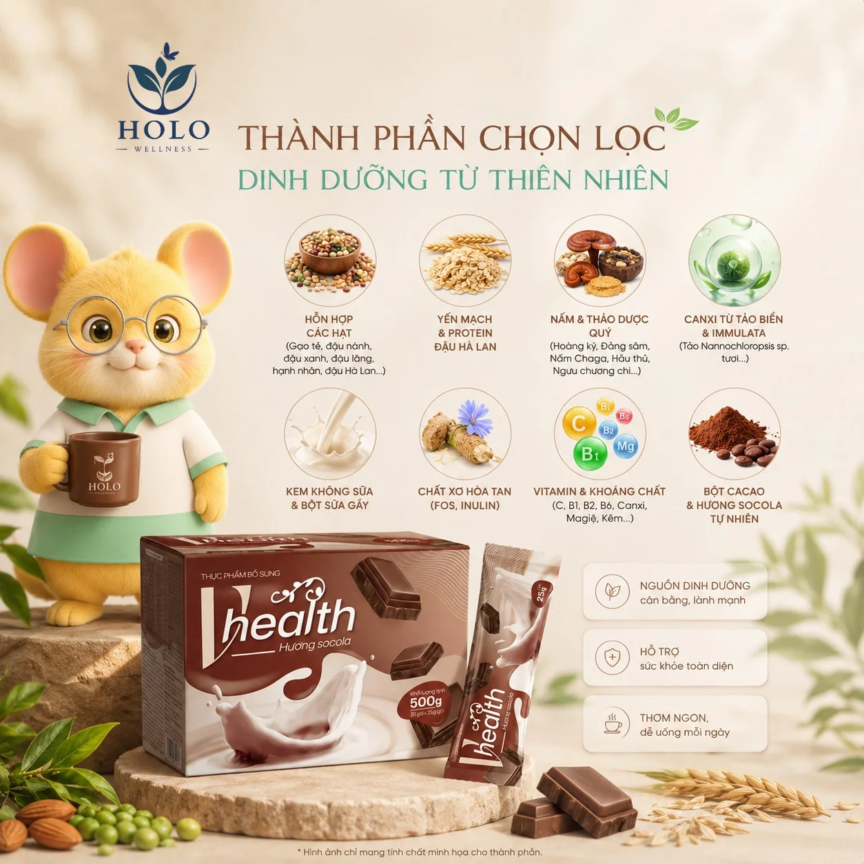 VHealth vị Socola hộp 20 gói – Bữa phụ bổ sung, hỗ trợ tiêu hóa & năng lượng, pha nóng/lạnh dễ uống