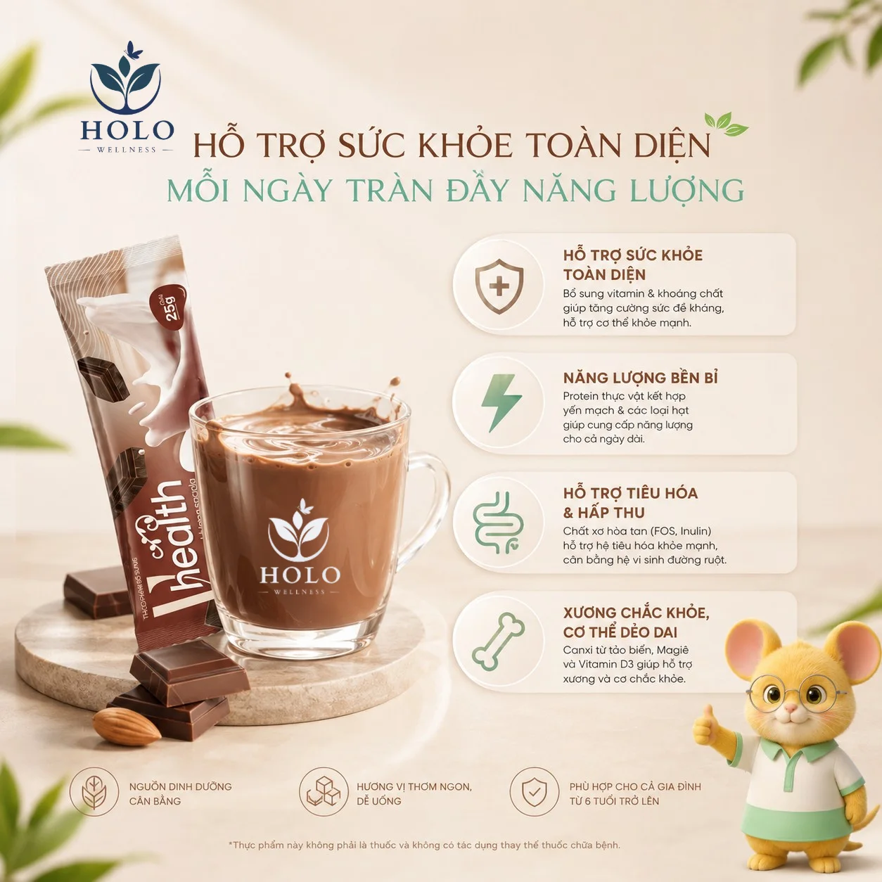 VHealth vị Socola hộp 20 gói – Bữa phụ bổ sung, hỗ trợ tiêu hóa & năng lượng, pha nóng/lạnh dễ uống