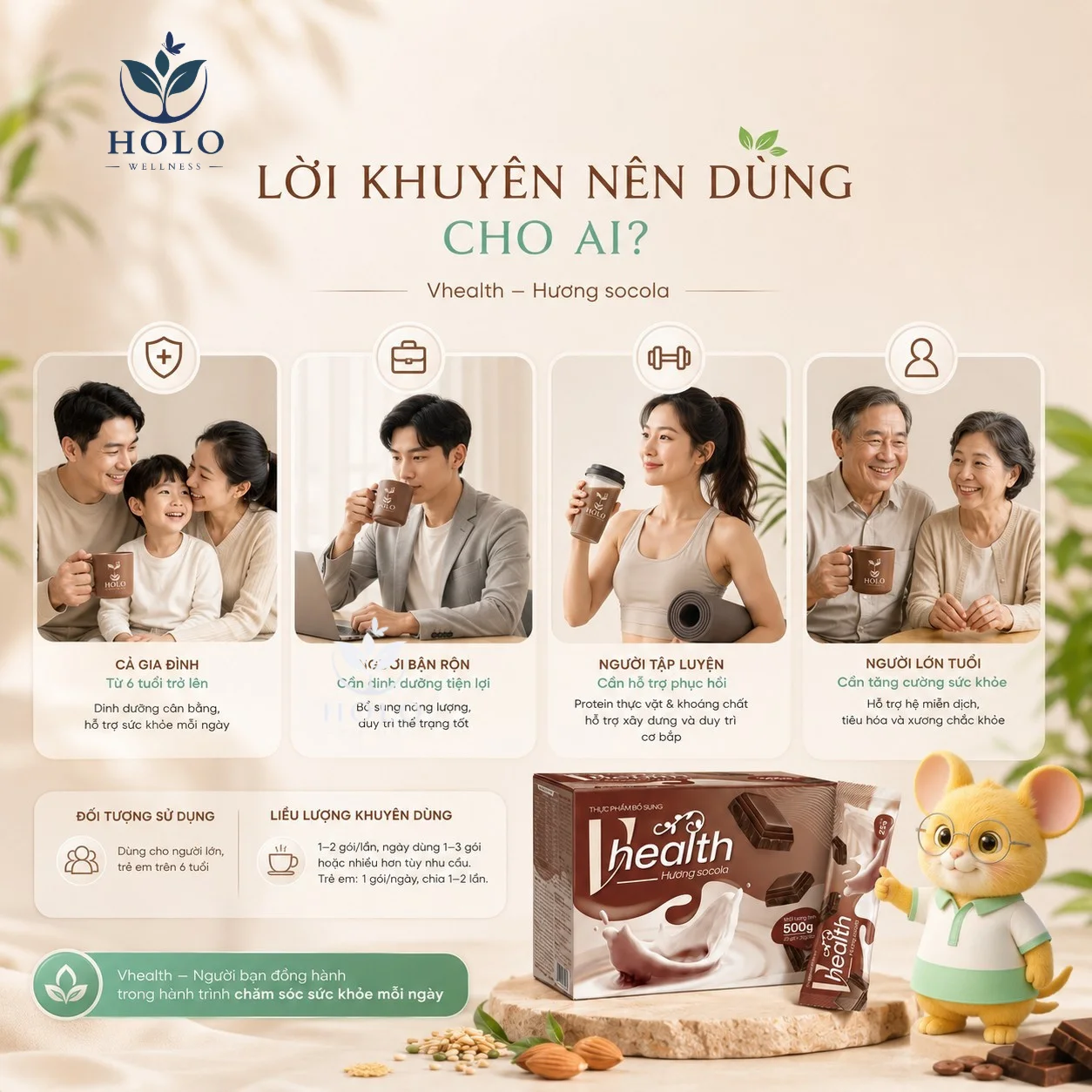 VHealth vị Socola hộp 20 gói – Bữa phụ bổ sung, hỗ trợ tiêu hóa & năng lượng, pha nóng/lạnh dễ uống