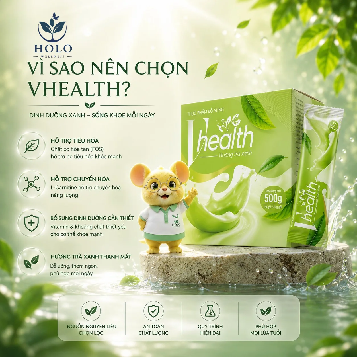 VHEALTH vị Trà Xanh – Dinh Dưỡng Vàng