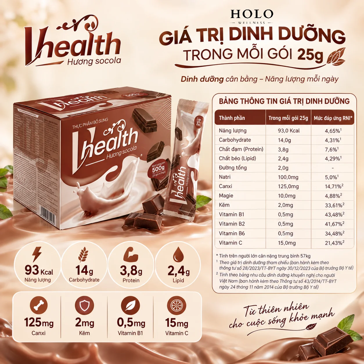 VHealth vị Socola hộp 20 gói – Bữa phụ bổ sung, hỗ trợ tiêu hóa & năng lượng, pha nóng/lạnh dễ uống